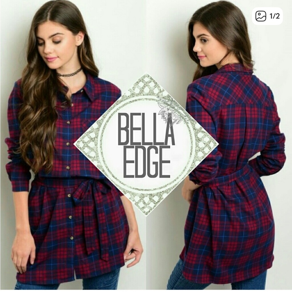 Navy Red Plaid Flannel Tunic Top Dress